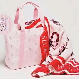 NEW Victoria's Secret Embellished Tote Bag and Ribbon Pattern Fleece Blanket